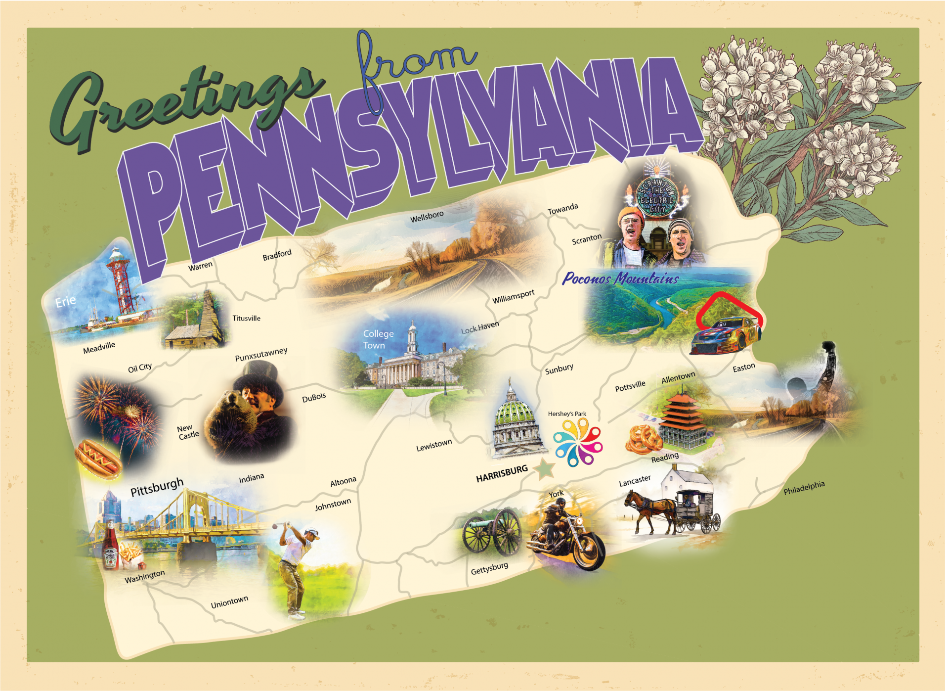 PA Postcard graphic with text "Greetings from Pennsylvania". Image of state with smaller attractions within